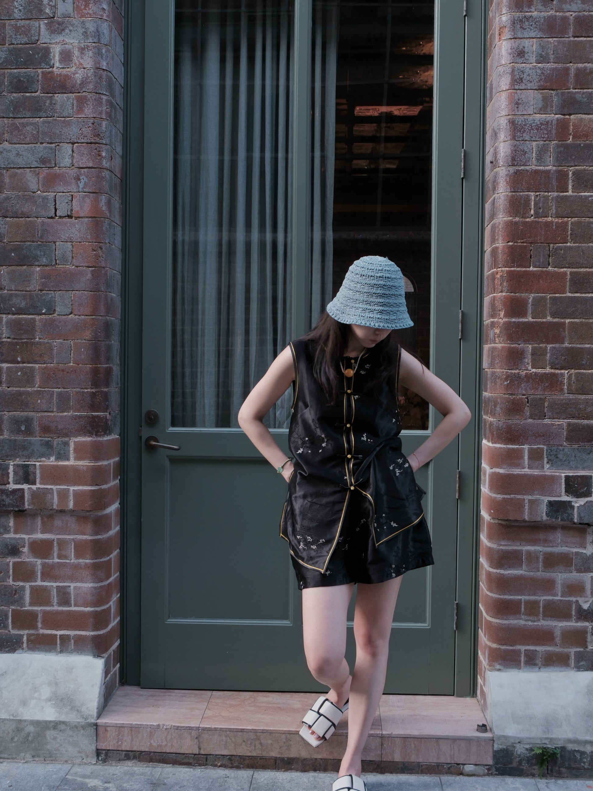 Chinese traditional satin-silk blend set - black