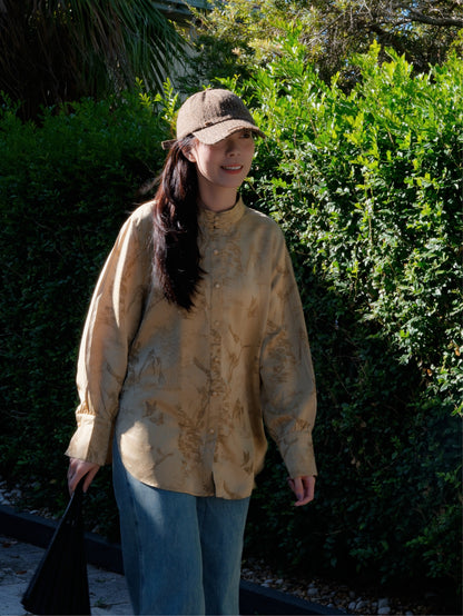 Ink-wash print natural colour mandarin collar shirt 