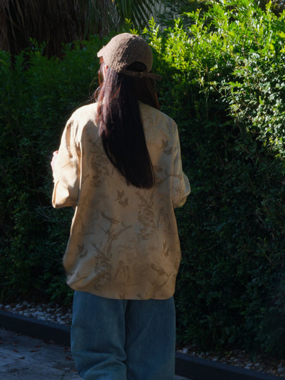 Ink-wash print natural colour mandarin collar shirt - back