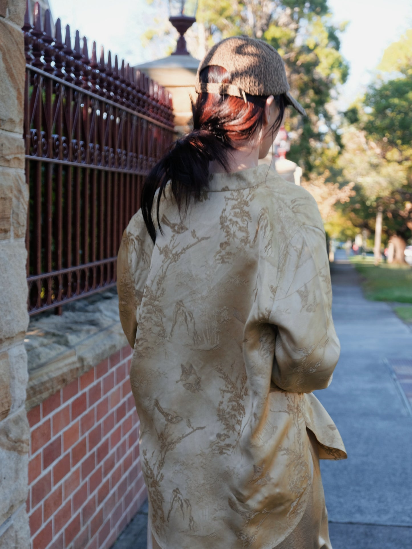 Ink-wash print natural colour mandarin collar shirt - back