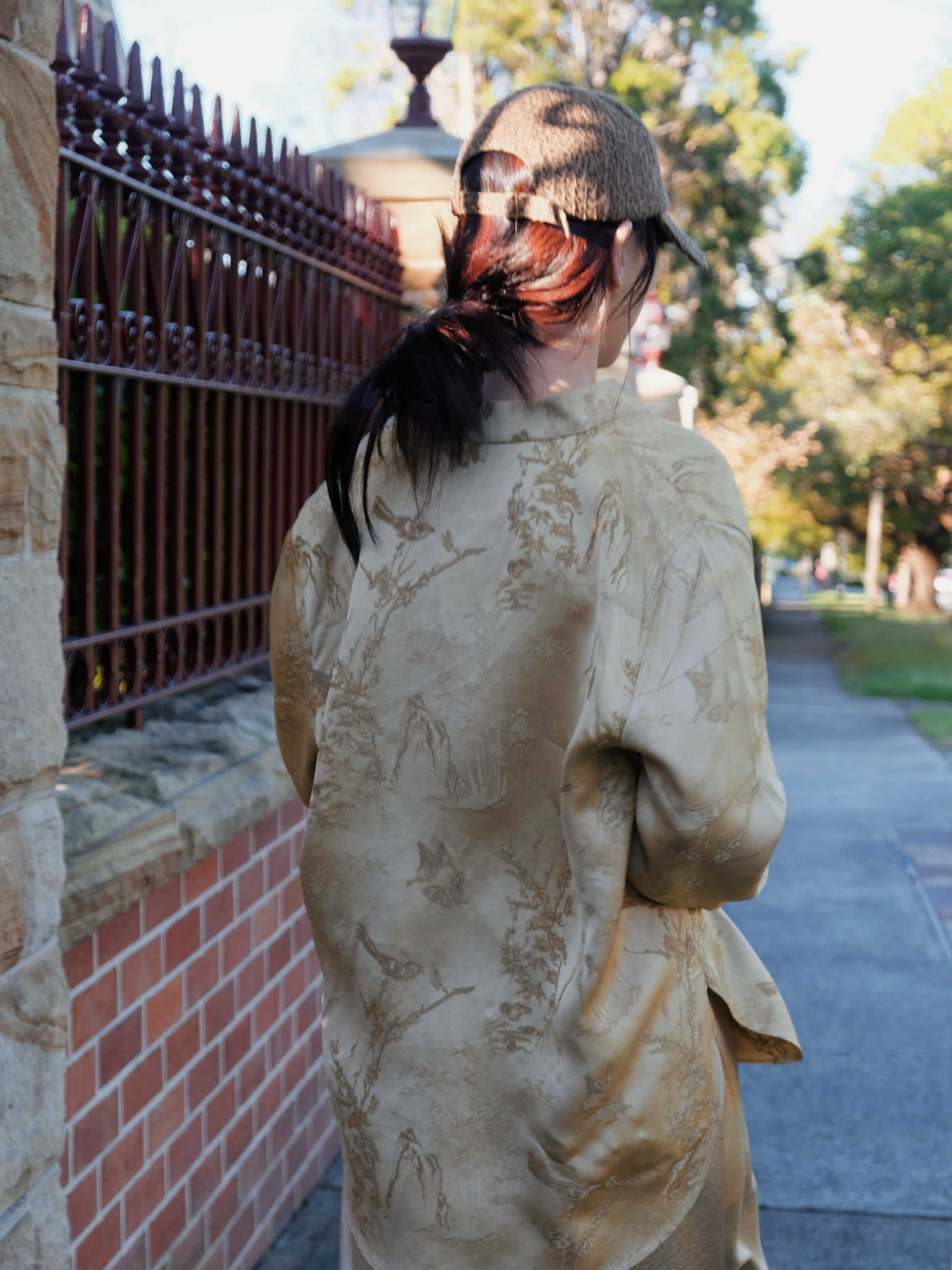 Ink-wash print natural colour mandarin collar shirt - back