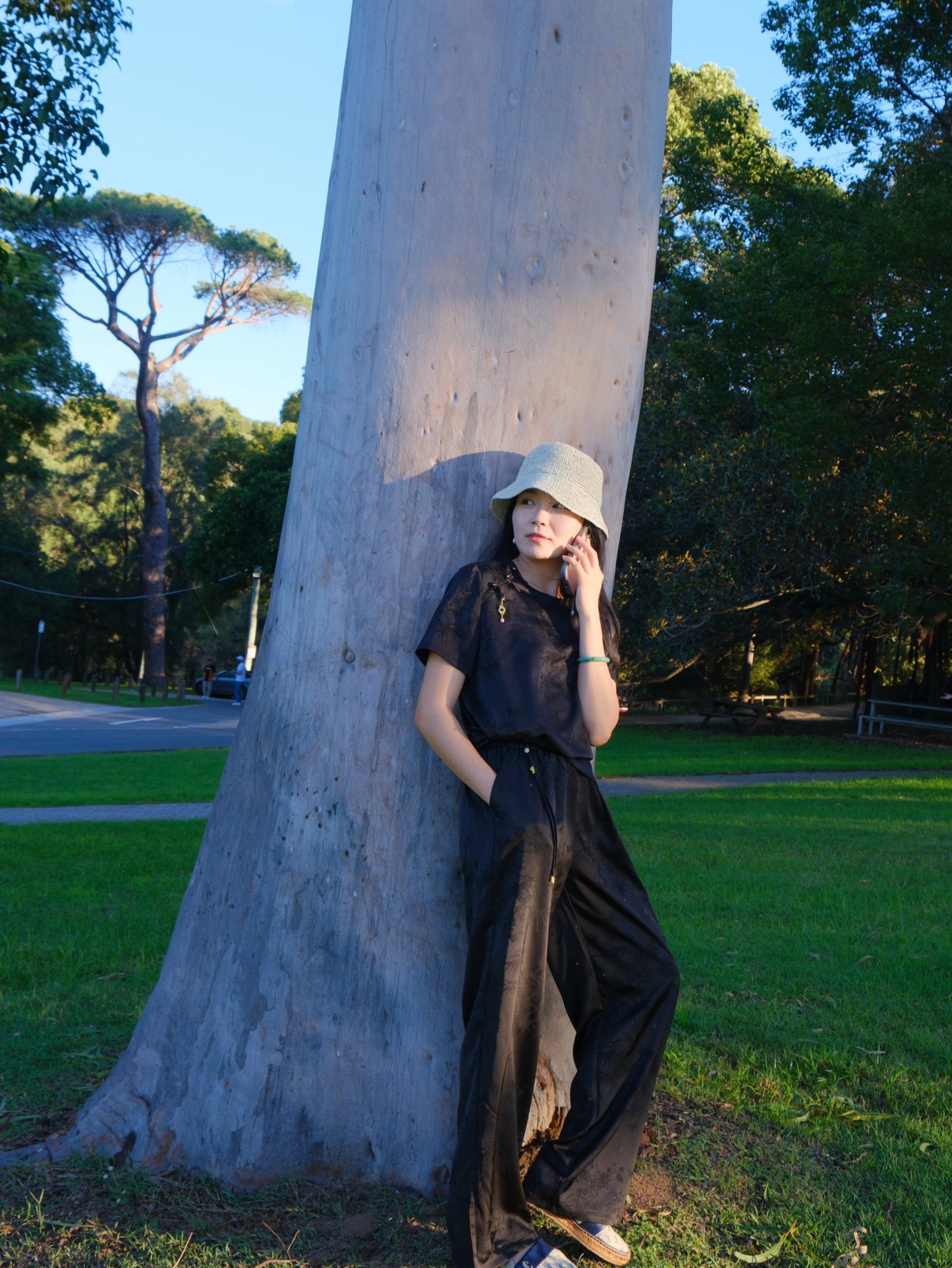 Panda Whispers in Ink Bamboo - Silken Black Lounge Set (墨竹熊语）