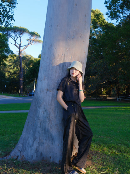 Panda Whispers in Ink Bamboo - Silken Black Lounge Set (墨竹熊语）