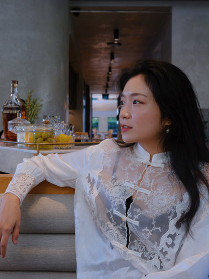 White Lace - Elegance Mandarin Collar Blouse (云裳玫影)