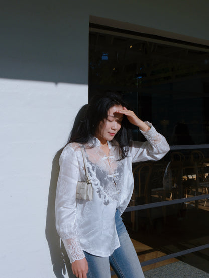 White Lace - Elegance Mandarin Collar Blouse (云裳玫影)