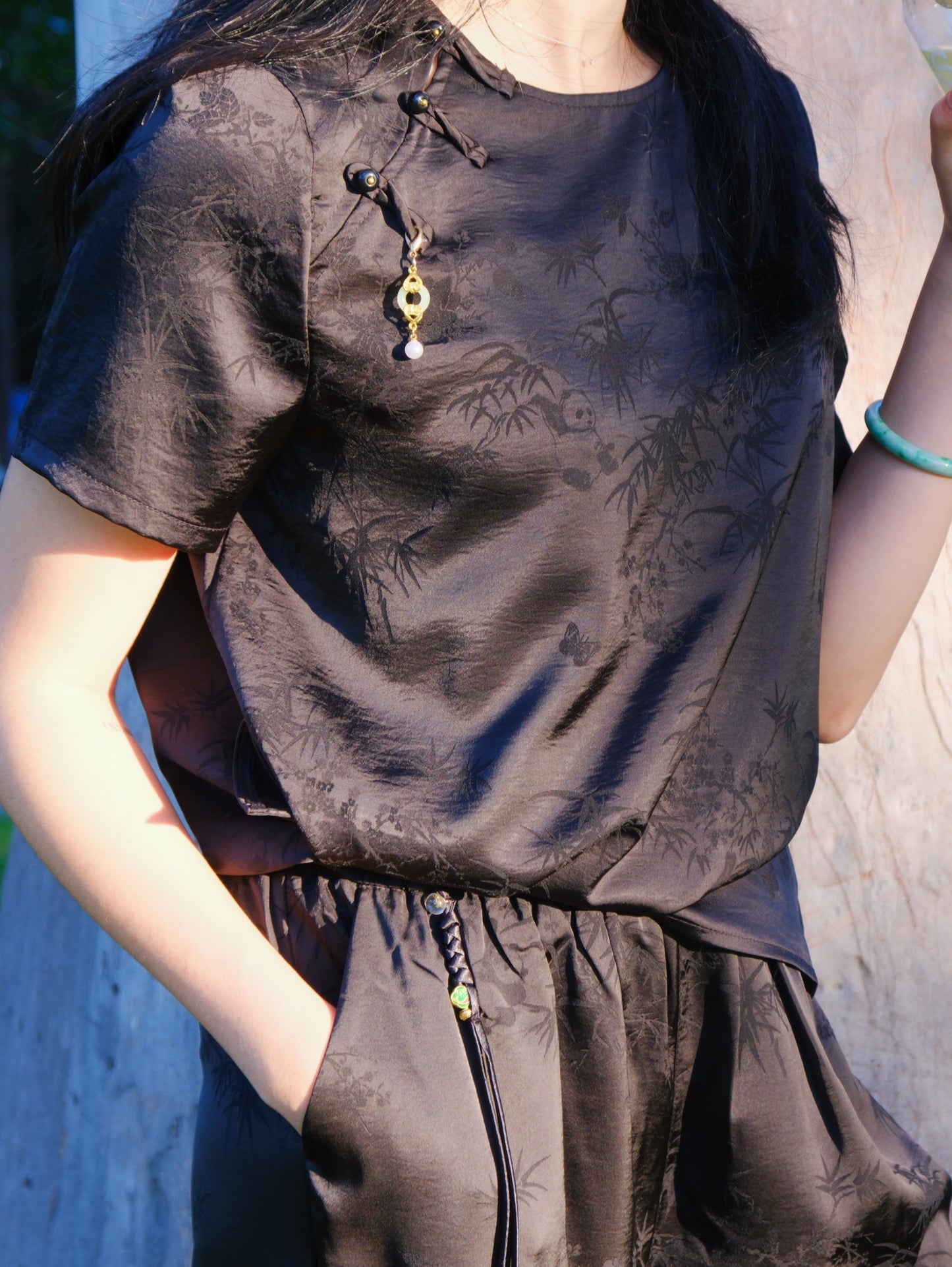 Panda Whispers in Ink Bamboo - Silken Black Lounge Set (墨竹熊语）