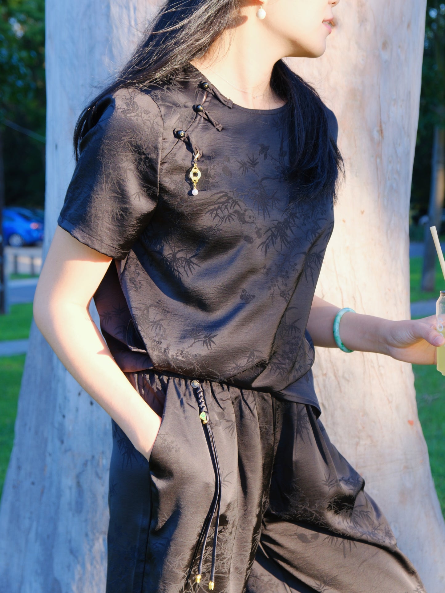 panda and bamboo motifs elegant two-piece set detail