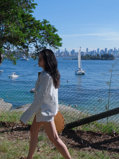 Peony embroidered white silk-cotton top